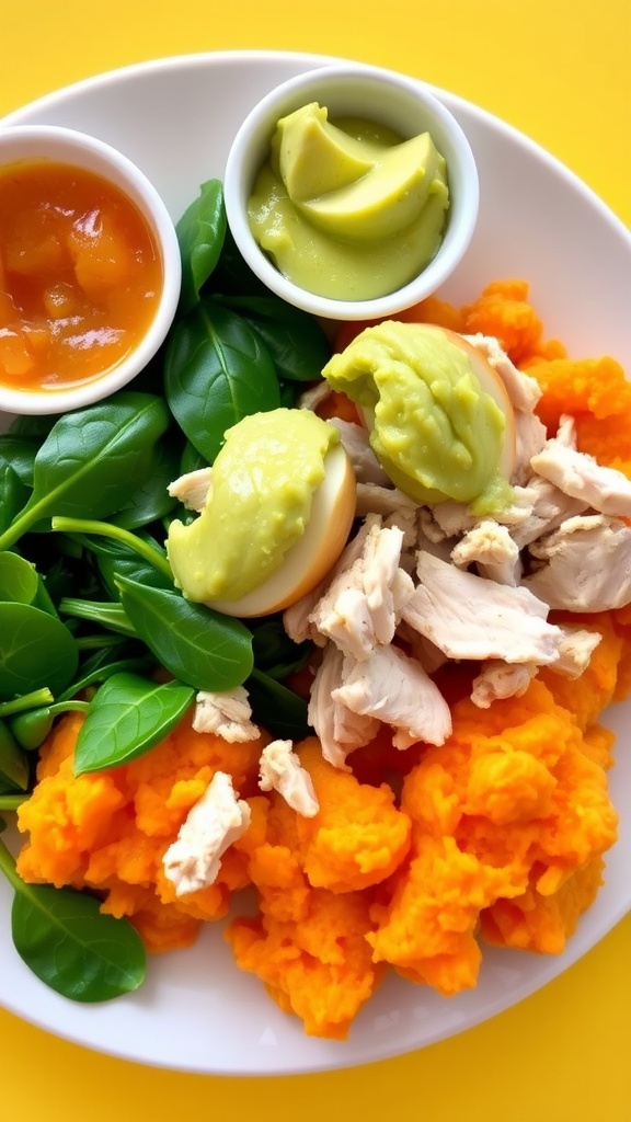Wholesome and Nutritious Dinners for 9-Month-Olds A plate with mashed sweet potato, chicken, spinach, and avocado for a 9-month-old baby, with applesauce on the side.